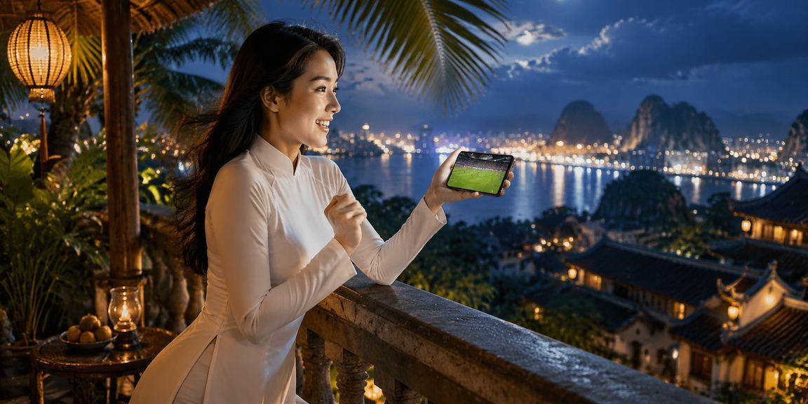 Người phụ nữ mặc áo dài tại Ninh Bình theo dõi kèo thể thao trực tuyến